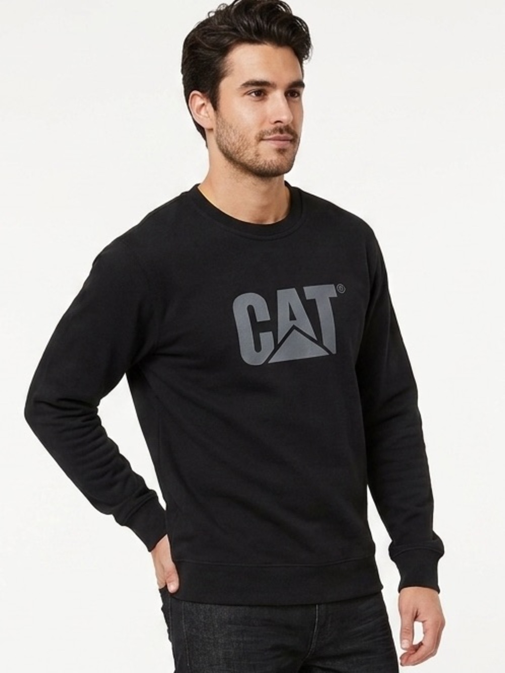 CAT | MENS BLACK SWEATSHIRT CHEST LOGO CREW NECK